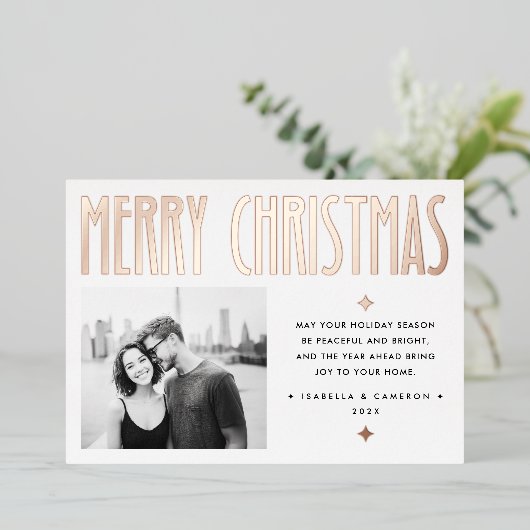 Minimalist Merry Christmas modern retro white Folie Feestdagenkaart (Staand Voorkant)