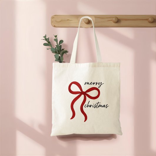 Minimalist Merry Christmas Red Bow  Tote Bag