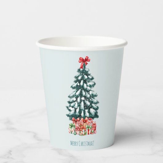 Minimalist Merry Christmas Snowy Pine Tree Papieren Bekers (Achterkant)