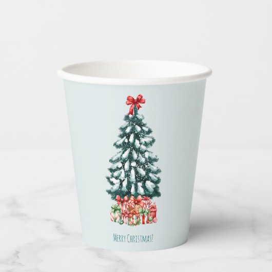 Minimalist Merry Christmas Snowy Pine Tree Papieren Bekers (Voorkant)
