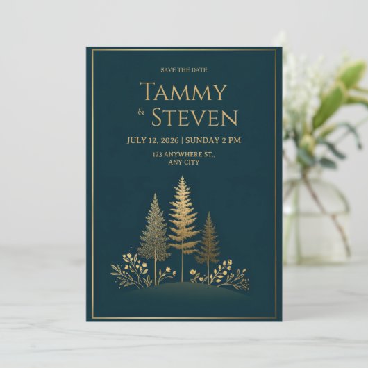 Minimalist Midnight Gold Tree Wedding Kaart (Staand voorkant)