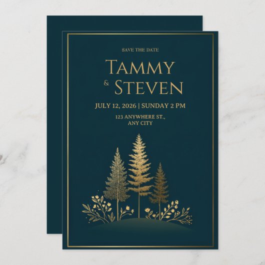 Minimalist Midnight Gold Tree Wedding Kaart (Voorkant / Achterkant)