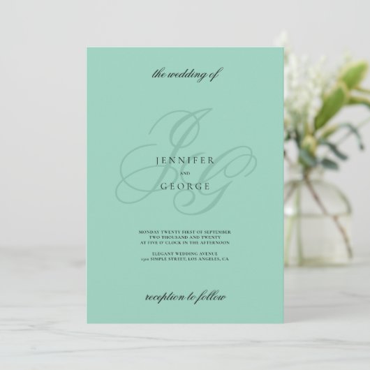 Minimalist mint green monogram initials wedding  kaart (Staand voorkant)
