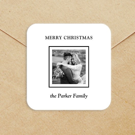 Minimalist Modern Black and White Photo Christmas Vierkante Sticker