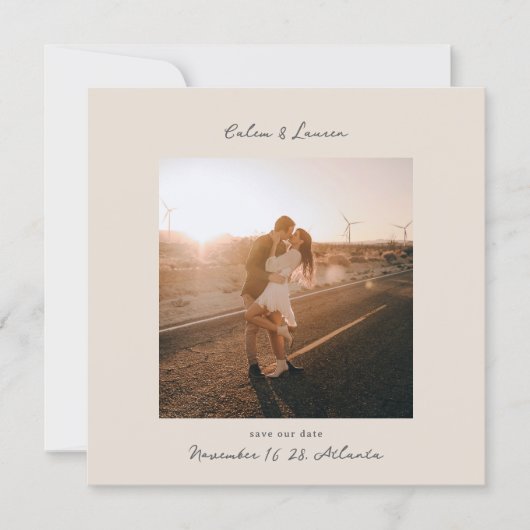 Minimalist Modern Boho Beige Square Photo Wedding Save The Date (Voorkant)