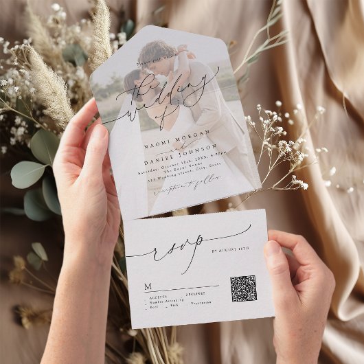 Minimalist Modern Chic Script Elegant Wedding All In One Uitnodiging