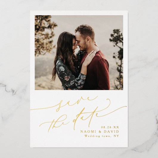 Minimalist Modern Chic Script Photo Save The Date Folie Uitnodiging (Voorkant)