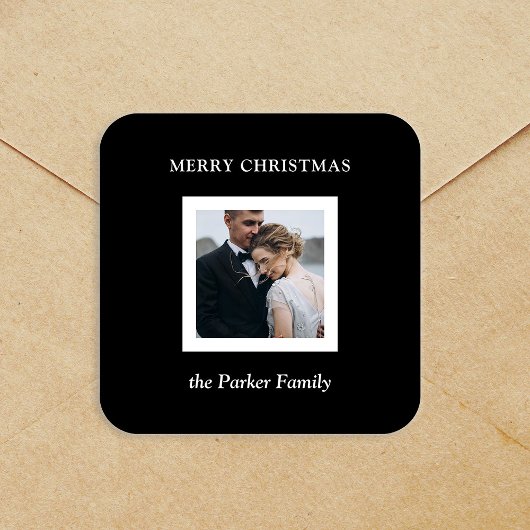 Minimalist Modern Christmas Black with Photo Vierkante Sticker