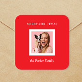 Minimalist Modern Christmas Red with Photo Vierkante Sticker