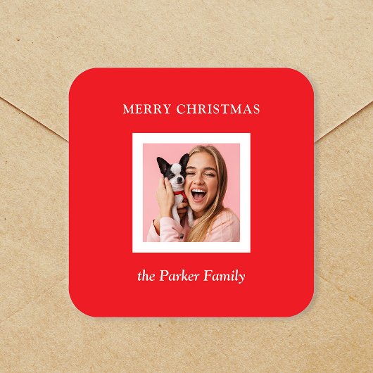 Minimalist Modern Christmas Red with Photo Vierkante Sticker