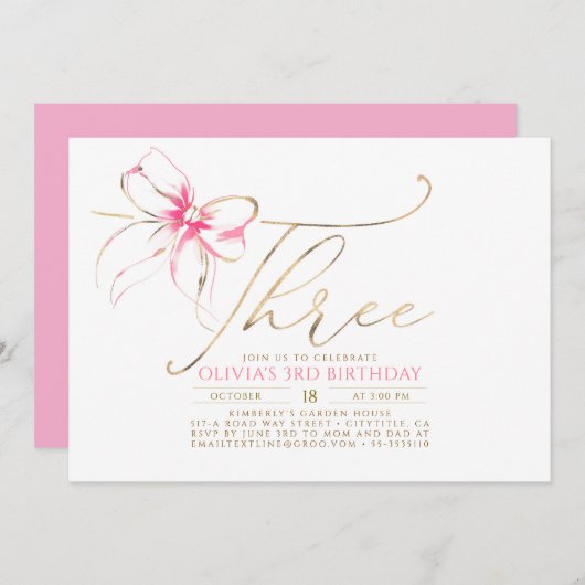 Minimalist Modern Elegant Pink Bow 3RD Birthday Kaart (Voorkant / Achterkant)