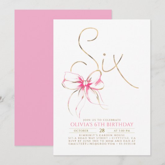 Minimalist Modern Elegant Pink Bow 6th Birthday Kaart (Voorkant / Achterkant)