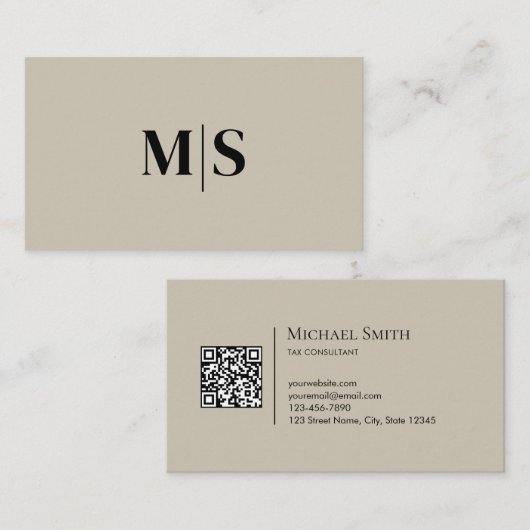 Minimalist Modern Initials QRCode Black on Beige Visitekaartje (Voorkant / Achterkant)