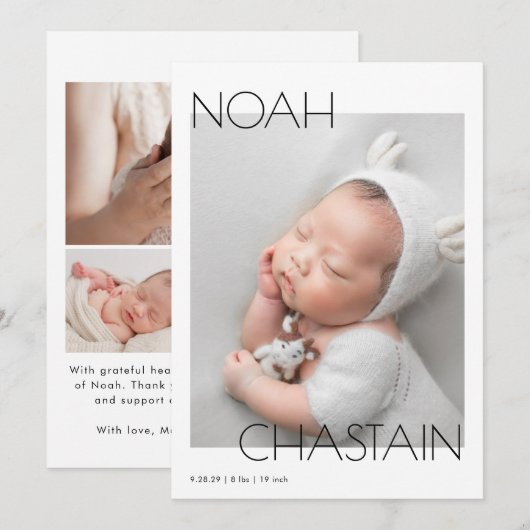 Minimalist Modern Newborn Baby Photo Collage Birth Aankondiging (Voorkant / Achterkant)