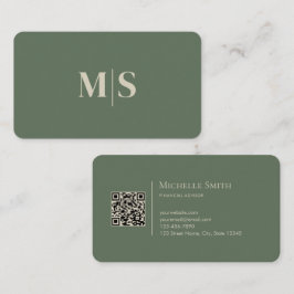 Minimalist Modern Olive Green Initials QR Code Visitekaartje