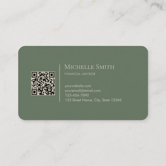 Minimalist Modern Olive Green Initials QR Code Visitekaartje (Achterkant)