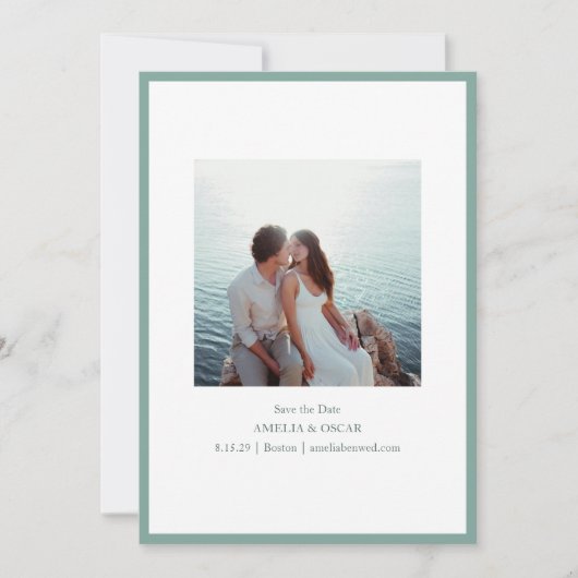 Minimalist Modern Photo Stylish Sage Green Blue Save The Date (Voorkant)