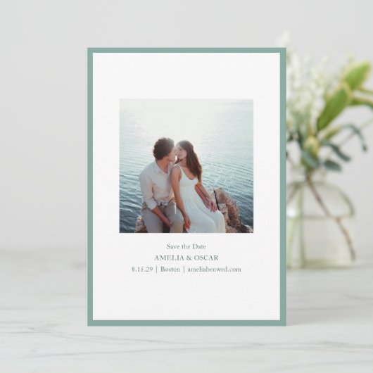 Minimalist Modern Photo Stylish Sage Green Blue Save The Date (Staand voorkant)