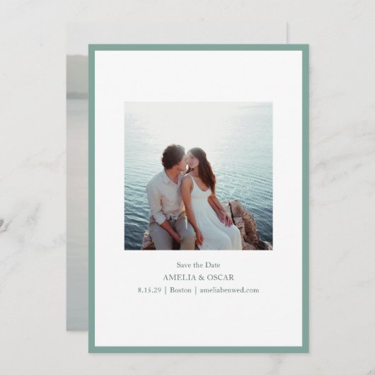 Minimalist Modern Photo Stylish Sage Green Blue Save The Date (Voorkant / Achterkant)