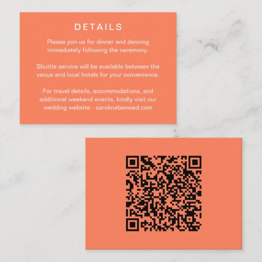 Minimalist Modern Tangerine Wedding Details Informatiekaartje (Voorkant / Achterkant)