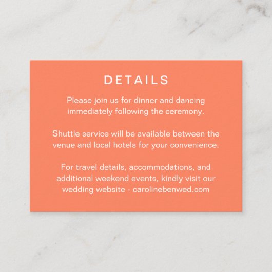 Minimalist Modern Tangerine Wedding Details Informatiekaartje (Voorkant)