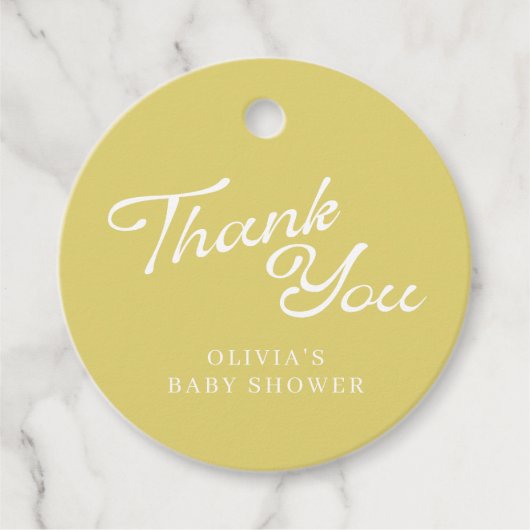 Minimalist Modern Yellow Retro Script Baby Shower Bedankjes Labels (Voorkant)