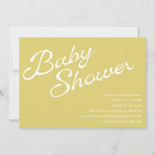 Minimalist Modern Yellow Retro Script Baby Shower Kaart (Voorkant)