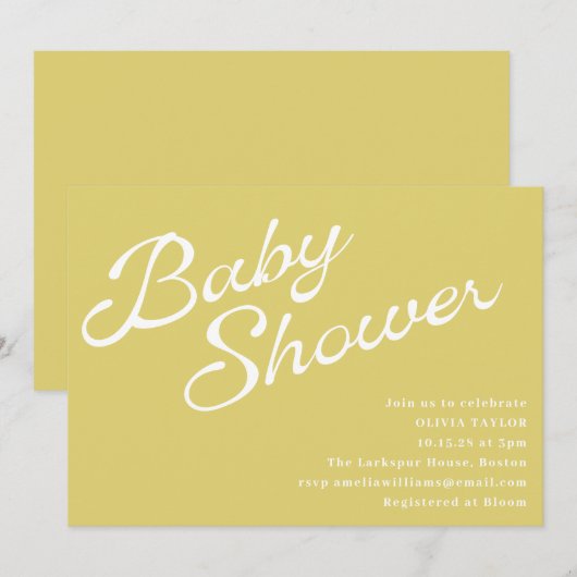 Minimalist Modern Yellow Retro Script Baby Shower Kaart (Voorkant / Achterkant)
