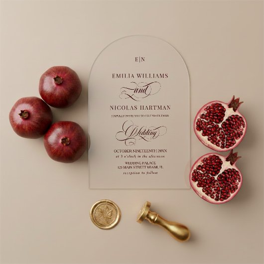 Minimalist Monogram Burgundy Red Wedding Acryl Uitnodigingen