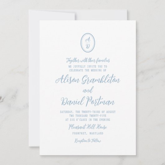 Minimalist Monogram Dusty Blue Wedding Invitation Kaart (Voorkant)