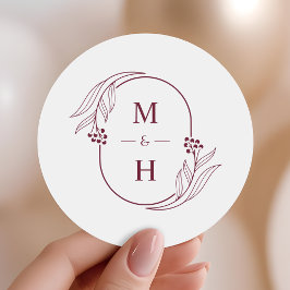 Minimalist Monogram Elegant Burgundy Wedding Favor Ronde Sticker