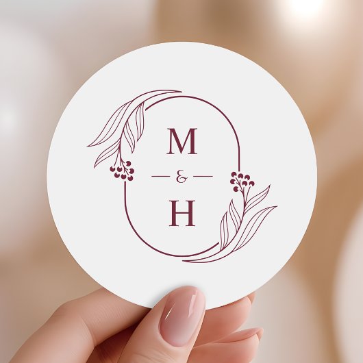Minimalist Monogram Elegant Burgundy Wedding Favor Ronde Sticker
