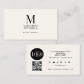 Minimalist Monogram Luxury Black/Ivory Logo QR Visitekaartje (Voorkant / Achterkant)