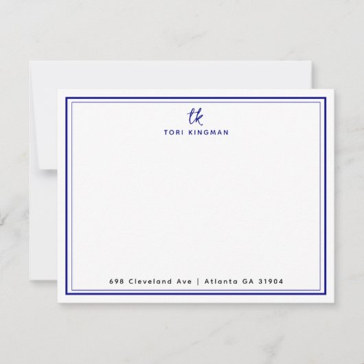 Minimalist Monogram Navy Blue Two Borders Flat Notitiekaartje (Voorkant)