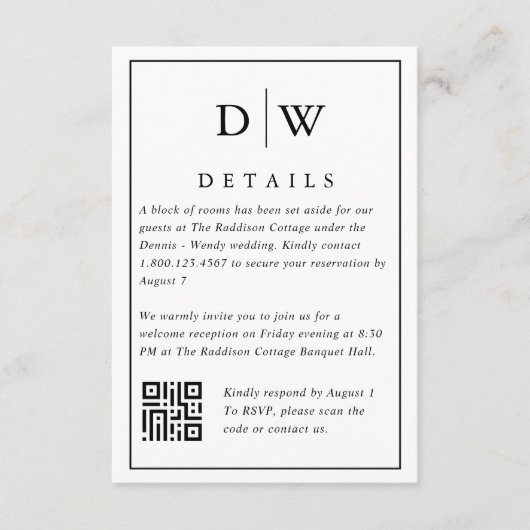 Minimalist Monogram Wedding QR Code Enclosure Card Informatiekaartje (Voorkant)