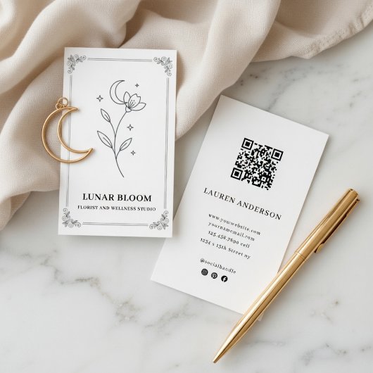 Minimalist Moon Flower Florist Card with QR Code Visitekaartje
