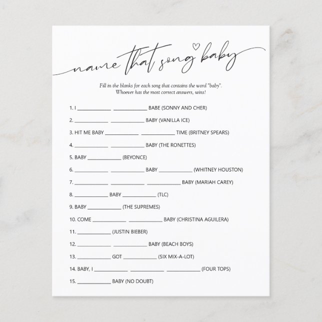 Minimalist Naam dat Song Baby shower spel (Voorkant)