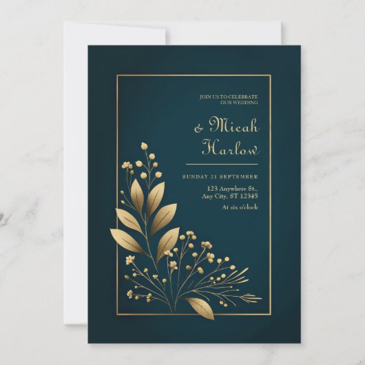Minimalist Navy and Gold Botanical Wedding Kaart (Voorkant)