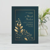 Minimalist Navy and Gold Botanical Wedding Kaart (Staand voorkant)