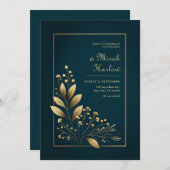 Minimalist Navy and Gold Botanical Wedding Kaart (Voorkant / Achterkant)