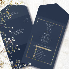 Minimalist Navy Background Gold Frame Wedding  All In One Uitnodiging