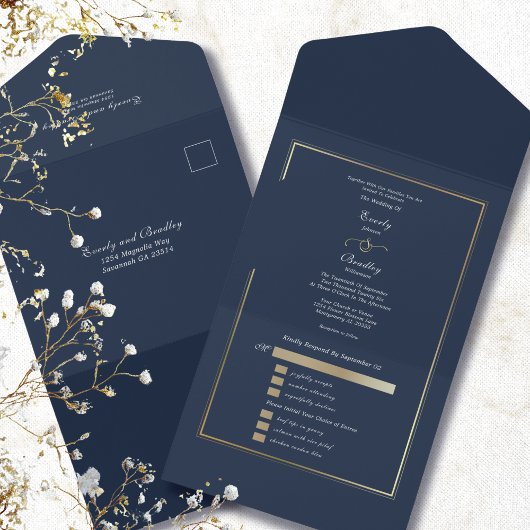 Minimalist Navy Background Gold Frame Wedding  All In One Uitnodiging