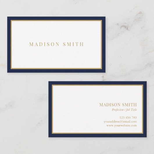 Minimalist Navy Blue and Gold Professional Visitekaartje (Voorkant / Achterkant)