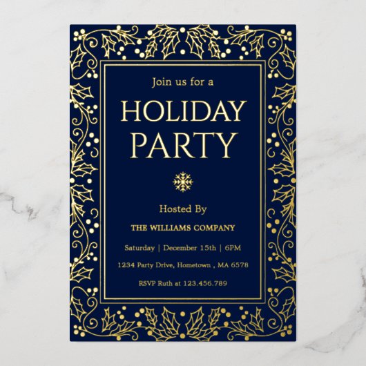 Minimalist Navy Blue & Gold Holiday Gathering Folie Uitnodiging (Voorkant)