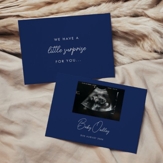 Minimalist Navy Blue "Little Surprise" Pregnancy Aankondiging