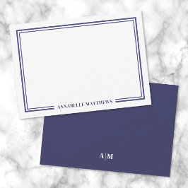 Minimalist Navy Blue Two Border Monogram Notitiekaartje