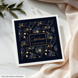 Minimalist Navy Napkins Gold Flowers Monogram Art Servet