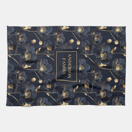Minimalist Navy Towel Gold Flowers Monogram Touch Theedoek (Horizontaal)