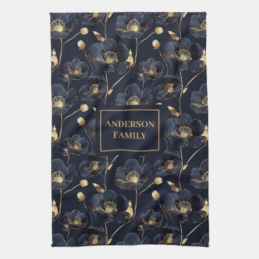 Minimalist Navy Towel Gold Flowers Monogram Touch Theedoek (Verticaal)