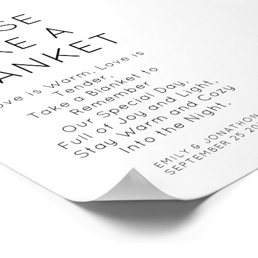 Minimalist Neem een deken trouwbord Poster (Hoek)